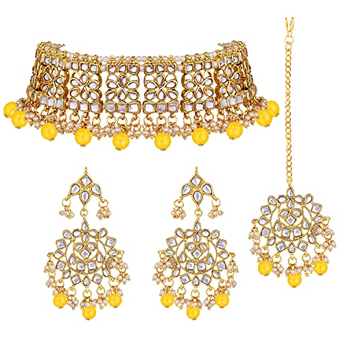 Image of Aheli Elegant Indian Faux Kundan Studded Choker Necklace with Maang Tikka Set Ethnic Wedding Wear Bharatanatyam jewellery set Gift for Women