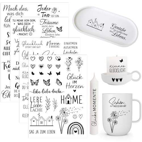 COMOOKA 4 Blatt Tattoos Sprüche Wasserschiebefolie Sticker Kerzentattoos Schriftzug für DIY Glas Keramik Zuhause Mutmacher Geschenke für Frauen Freundin Familie Party Deko Einzugsgeschenk Wohnung Haus