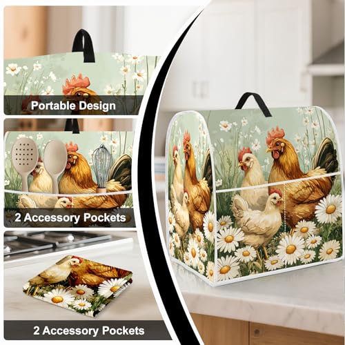 Image of Kitchen Dust Cover Compatible with 4.5 5 6 8 quart Stand Mixer, Kitchen Appliance Protective Covers with Top Handle and Pocket (Chicken and daisies, For All 6-8 qt Mixer)