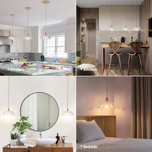 Image of Shenmoyl Pendant Light with Clear Scindapsus Glass Lmapshade, Brass Vintage Pendant Light Adjustable Hanging Light for Kitchen Island Dining Room Hallway