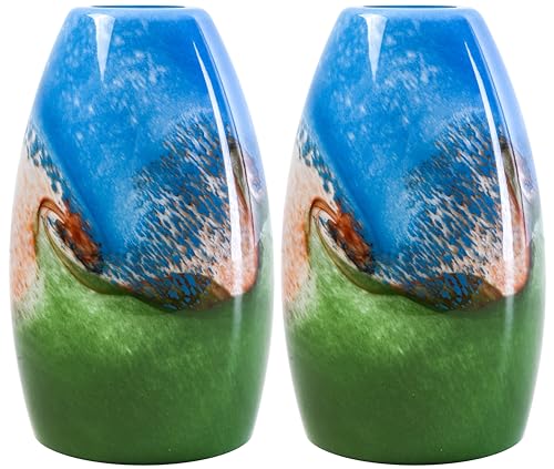 Image of GO&SO Blue-green Glass Lamp Shade Set of 2,7.8 inch H x 4 inch D,Oval Pendant Light | 1.57 inch Fitter E26 Base,Hand-Blown Art Fixtures,Chandelier Shades for Kitchen Island,Hanging Light Shades