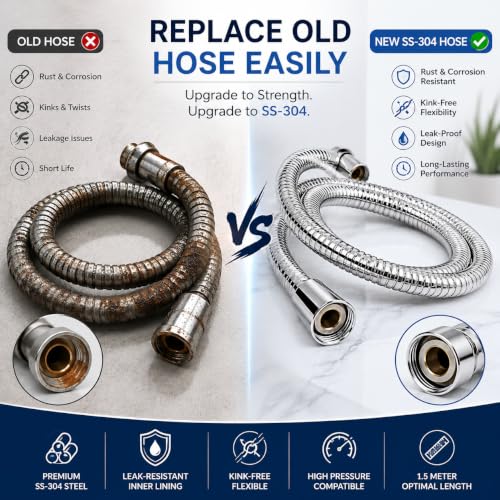 Image of Premium 304 Stainless Steel,Kink-Free, Leak-Proof, High Pressure,Shower Hose extendable, with EPDM Inner Tube, 1.5 Meter, for Hand Showers and Health faucets in high end Luxury bathrooms
