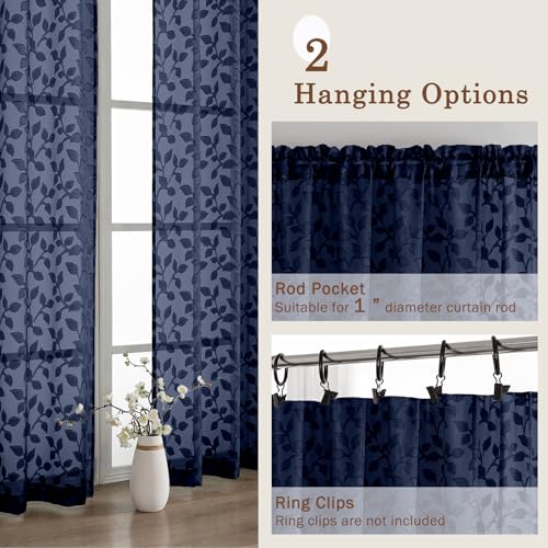 Chyhomenyc Navy Blue Sheer Curtains 63 Inch Length 2 Panels Set, Light Filtering Tufted Textured Soft Airy Rod Pocket Beautiful Leaf Window Treatment Drapes for Bedroom Living Room, 42" Wx63 L, 2PCS - Image 5