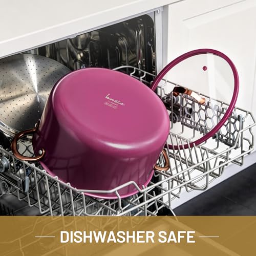 Image of CAROTE 8QT Full Clad Tri Ply Stainless Steel Stock Pot with Lid, Kitchen Stockpot Soup Pot, Outer Ceramic Layer, Even Heating, All Stoves Compatible, Oven & Dishwasher Safe, Stay Cool Handle, Purple