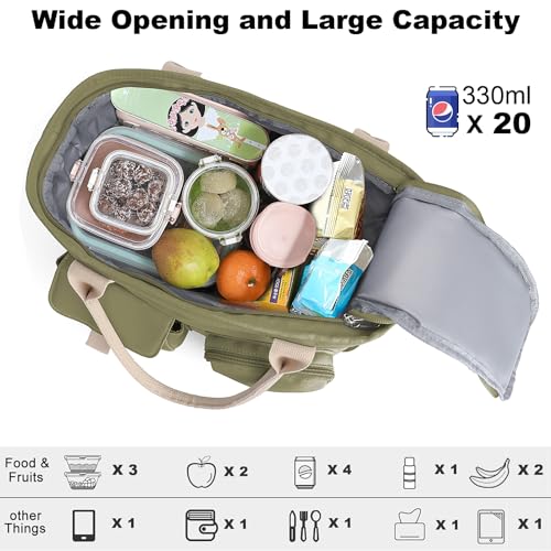 SUNUP Large Lunch Bag for Women, Insulated Adult Lunch Tote Box, Stylish Leak-proof Lunch Cooler Bag with Shoulder Strap for Work, Dark Green - Thumbnail 4