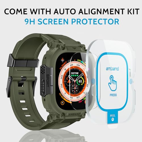 Image of amBand Bands Case Screen Protector Compatible with Apple Watch Ultra 3 /2 /1 49mm, M1 Sport Series Rugged Cover Strap and 9H Tempered Glass Film, Protective Bumper for iWatch 49 mm Men Army Green