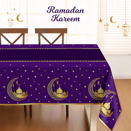 Image of Childom 3 Pack Ramadan Table Cloth,Ramadan Decorations for Home,54 inch x 108 inch Eid Mubarak Decorations,Eid Ramadan Tablecloth Rectangular,Purple Plastic Table Cloth Disposable Table Cover for Party Favors