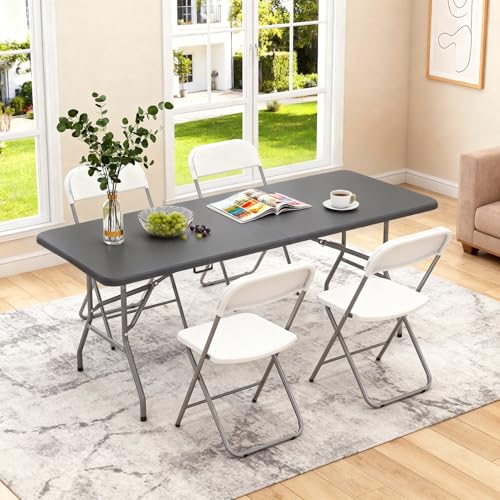 Image of BestOffice 6 FT Picnic Table, Portable Plastic Folding Table with Carrying Handle Perfect for Picnics, Parties, Party and Camping, Grey
