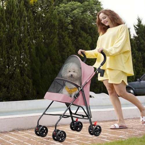 Passeggino per cani e gatti 2 in 1 pieghevole carrello per gatti cuccioli, guinzaglio di sicurezza, fino a 10 kg, leggero, pratico, rimovibile, con portabicchieri, 97 x 45 x 55 cm, rosa