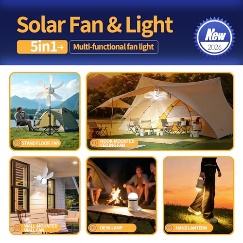 Image of Solar Ceiling Fan with Light, 21600mAh Rechargeable Battery, 23W Foldable Solar Panel, DC Brushless Quiet Fan, 3 Installation Ways, for Gazebo, Patio, Camping Tent, Garage, RV, Emergency Use