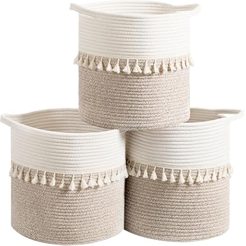 danpinera 11 Inch Storage Baskets Set of 3, Cotton Woven Baskets for Storage with Strong Handles & Stylish Tassel, Storage Bins, Decorative baskets for shelves, Nursery, Laundry, White & Mixed Brown Cover