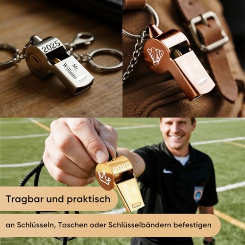 Trillerpfeife Personalisiert aus Edelstahl mit Wunschgravur & Schlüsselband, Schiedsrichter Pfeifen Laut Notfall mit Namen, Personalisierte Geschenke für Fußball Sport, Trainer, Schiedsrichter, Lehrer