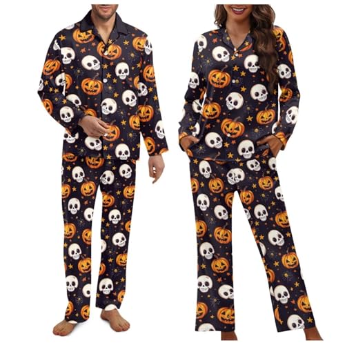Dngkaoje Halloween Pajamas Adult Couples Pumpkin Pajama Set Women Pumpkin Pajama Set Women Cute Halloween Pj Sets Black Skull Pjs Plus Size Button Down Sleepwear Funny Lounge Set 2XL