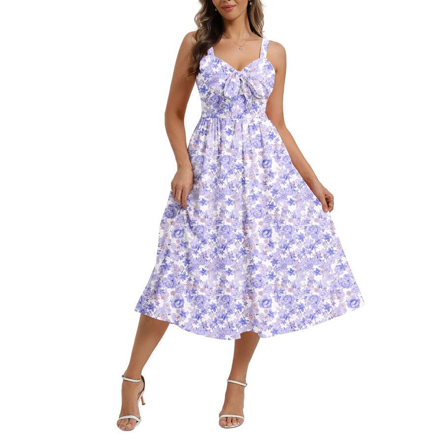 Belle Poque Vestido largo de flores para mujer, con lazos frontales, parte trasera fruncida, línea A, vestido de verano con tirantes delgados, morado, XXL
