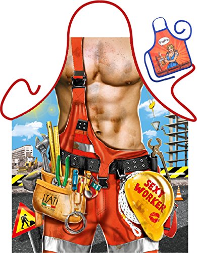 Bauarbeiter Motiv Kochschürze sexy Männerkörper Handwerker Kostüm Schürze : Sexy Worker -- Themenschürze mit Minischürze für Flaschen
