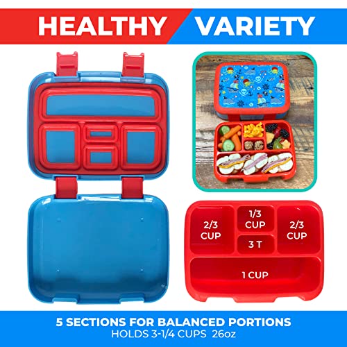Image of kinsho Bento Lunch Box for Kids Toddlers Boys, 5 Portion Sections Secure Lid, Microwave Safe BPA Free Removable Tray, Pre-School Kid Daycare Lunches Snack Container Ages 3 to 5, Blue Pirates