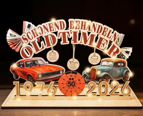 Giftota Geldgeschenk 50 Geburtstag Mann mit LED Lichterkette - Witzige Klassische Schonend Behandeln 1976 Oldtimer Geschenk zum 50 Geburtstag Mann