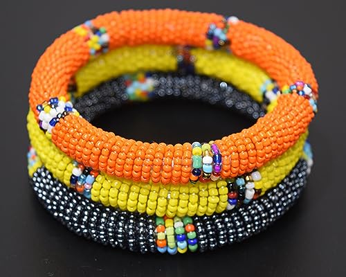 Tembo Crafts Africa - Set of 3 Handmade Bangles for Women Maasai Beaded Bracelets Boho Jewelry Gifts Orange Metallic Grey Yellow Handmade From Africa2