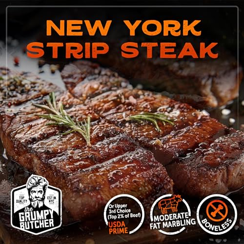 Grumpy Butcher 8 Steaks Premium Set - 4 NY Strips (10 oz), 2 Ribeye Steaks (12 oz), 2 Large Beef Filet Mignon (8 oz) - Steakhouse Quality Meat Gourmet Gift Basket