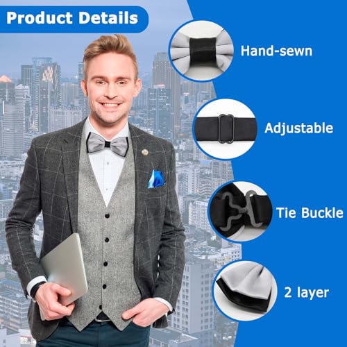 LJBFNN Bow Ties for Men Pre Tied Mens Bow Tie, Adjustable Bowties Men Black and White Bow Tie for Wedding/Party/Casual (silver) — view 3