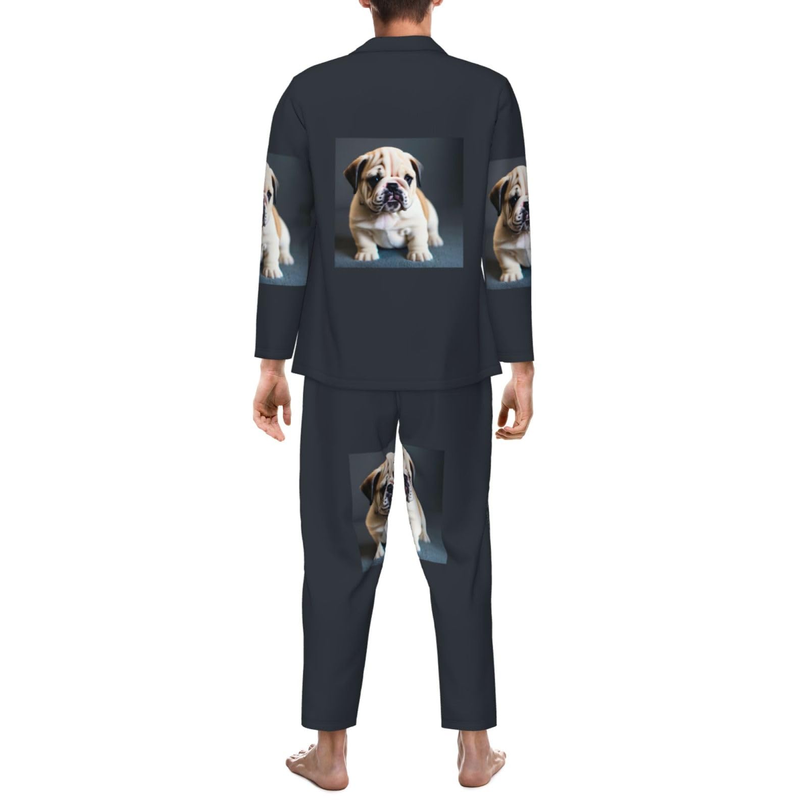 Cute Bulldog Puppy 1 Stampa Uomini Manica Lunga Pigiama Set Sleepwear Due Pezzi Lounge Set Traspirante Nightwear