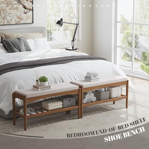 STDDRE-Shoe-Bench-Entryway-Bamboo-2-Tier-Shoe-Rack-with-Cushion-Padded-Seat-Shoe-Bench-Organizer-Stable-for-Entry-Hallway-Living-Room-Bedroom-Closet-315-114-165IN-Brown-Beige