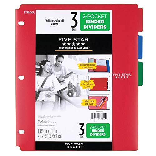 Mead Five Star 2 Pocket Binder Dividers - 3 Tabs - Red/Blue/Green