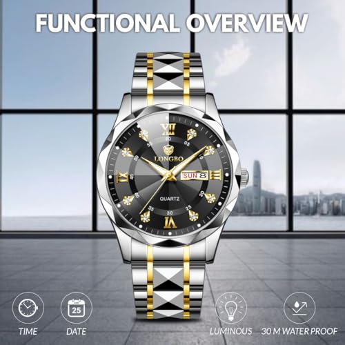 Image of LONGBO Zenith Diamond Analog Watch for Men Business Stainless Steel Watches Luxury Men's Wristwatch | Birthday Gift for Men | Gift for Husband | Gift for Brother