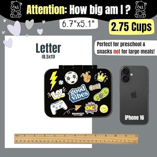 Image of BEARFOOT Kids Lunch Box with Compartments - Compact & Lightweight | Leak-Proof, BPA-Free, Dishwasher Safe | Hand-Drawn Design for Preschool, School, Travel (Sticker Black, 2.75 Cups)
