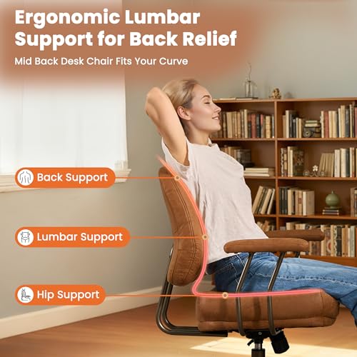 Image of Leather Home Office Chair, Mid Back Ergonomic Desk Chair with Lumbar Support, Mid Century Modern Deep Seat Swivel Rocking Computer Chair, Brown