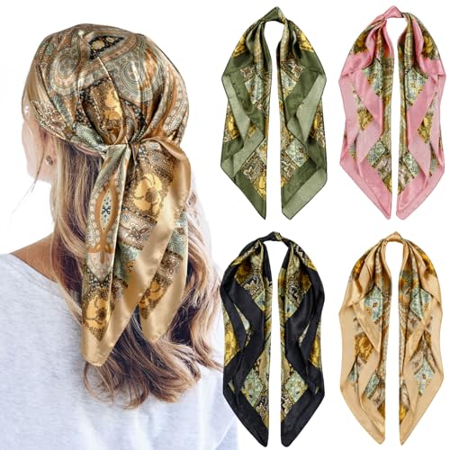 QBSM 4 Pcs 35 Satin Head Scarf Silk Feeling Neck Scarves Hair Wrap for Sleeping Large Square Headscarf for Women