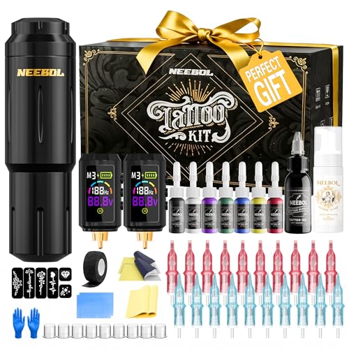 Neebol 2×1600mAh Battery Tattoo Kit for Beginners Complete Set, Wireless Tattoo Gun Kit with...
