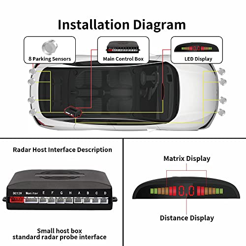 Image of EKYLIN EKYLIN Car Reverse Parking Radar System with 8 Parking Sensors Distance Detection + LED Distance Display + Sound Warning (Silver Color)