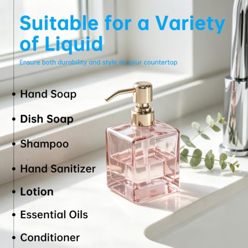 Image of Square Soap Dispenser Glass Blush Pink and Polished Gold, 8.4oz