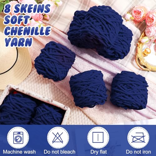 Image of Buryeah Chunky Chenille Yarn for Crocheting Soft Thick Fluffy Yarn for Hand Knitting Bulky Velvet Blanket Plush for Weaving DIY Crafts Each 3.5 oz 55 Yards(Navy Blue,8 Pack)