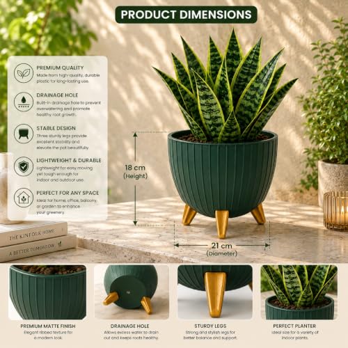 Image of Xmart India 7 Inch Decorative Plant Pot for Indoor & Outdoor Plants | Planter Pot with Stand & Legs |Ribbed Flower Pot for Home, Balcony, Garden, Living Room & Office | Plant Container (1, Green)