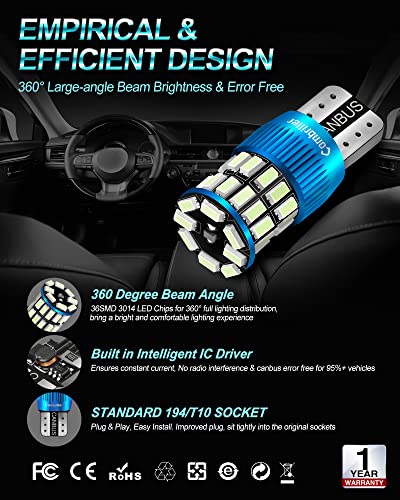 Combriller 194 Led Bulb Ice Blue, Error Free 194 168 Led Bulb T10 2825 W5W Led Interior Car Lights For Car License Plate Light, Dome Light, Dash Lights, Door Light, Trunk Cargo Light, Pack Of 2 #TOP4