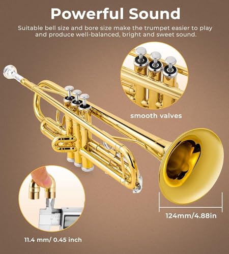 vangoa bb trumpet brass standard gold trumpet instrument for student school band orchestra adult kid beginner with hard case stand cleaning kit white gloves valve oil and 7c mouthpiece