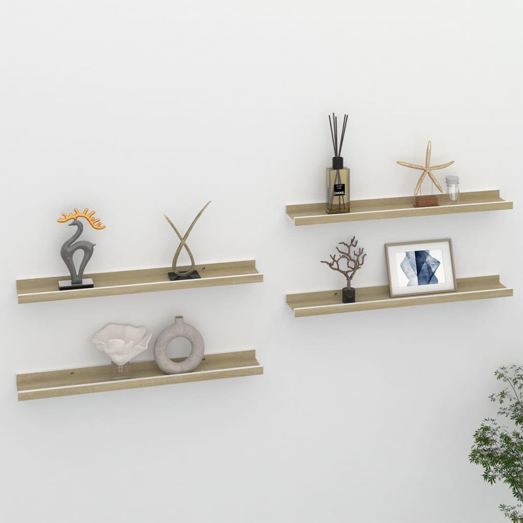 Scaffalature, mensole da parete e sporgenze, mensole da parete, 4 pezzi, bianco e rovere Sonoma, 60 x 9 x 3 cm