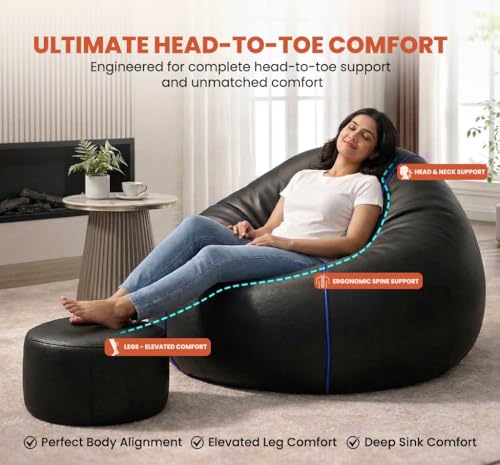 Image of Sattva Piping 3XL Sofa Style Bean Bag Chair with Beans Filled | Faux Leather Bin Bags Sofa Combo with Footstool & Cushion | Large Beanbags for Adults, Teens & Home - Black with Royal Blue Piping