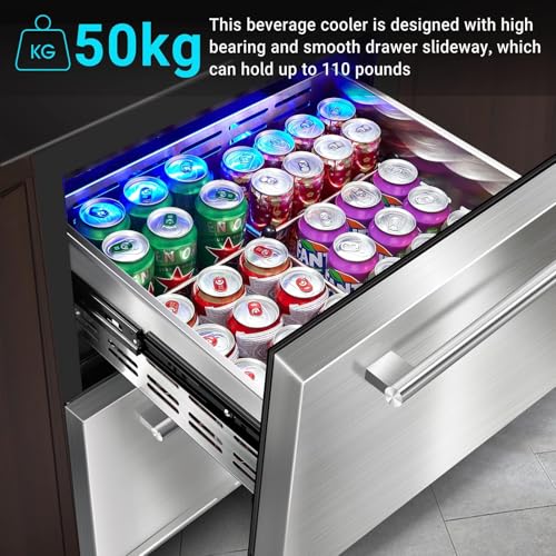 Image of BODEGA 24 Inch Beverage Fridge under Counter, 2 Drawer Outdoor Coolers for Patio and Deck Weatherproof, Stainless Steel Beverage Refrigerator for Beer, Soda, Holds 180 Cans