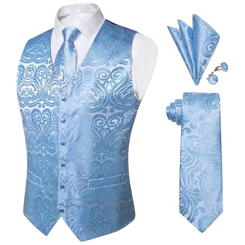 Image of DiBanGu Mens Paisley Vest Silk Sleeveless Suit Vest and Neck Tie Pocket Square Cufflinks Set for Wedding Formal