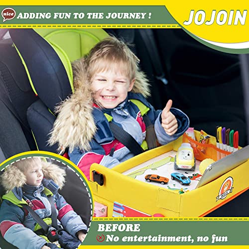 Jojoin Gelb Kinder Reisetisch Kindersitz Spiel und Knietablett Reisetisch, Multifunktional Einstellbar Esstisch Spieltisch Autositz mit 1 Transparenter Zeichnungsfilm + 5 Zeichenpapier + 6 Farbstifte