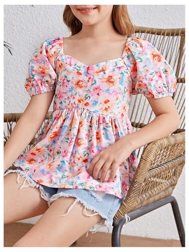 SweatyRocks Girl's Floral Print Cute Peplum Top Puff Sleeve Smocked Ruffle Shirts4