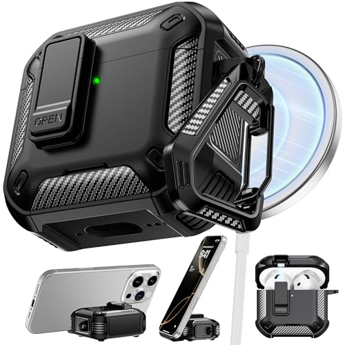 R-fun for AirPods 4 Case with Cleaning Kit Carbon Fiber Elements Military Drop Proof Auto Pop up Cover Phone Stand and Magnetic Base with Carabiner Hook Compatible with AirPods 4th Gen 2024 Black