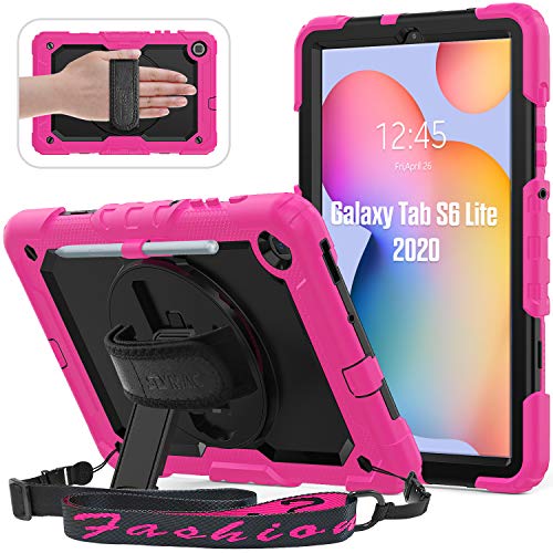 SEYMAC für Samsung Galaxy Tab S6 Lite Hülle 2022/2020, Strapazierfähige Hülle mit Stifthalterung/um 360 Grad drehbare Handschlaufe/Ständer/Bildschirmschutz für Galaxy S6 Lite 10,4 Zoll, Rosa
