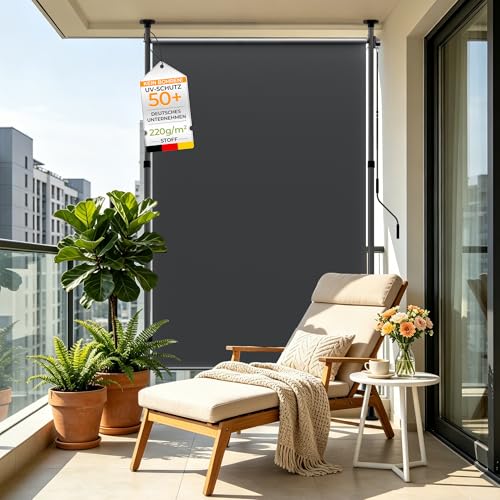 HOMEDEMO Senkrechtmarkise Außen Vertikalmarkise ohne Bohren Balkonrollo mit Einstellbare Handkurbel Sichtschutz Sonnenschutz Windschutz 120x(220-310) cm Garten Stoffbreite 105.5 cm Anthrazit