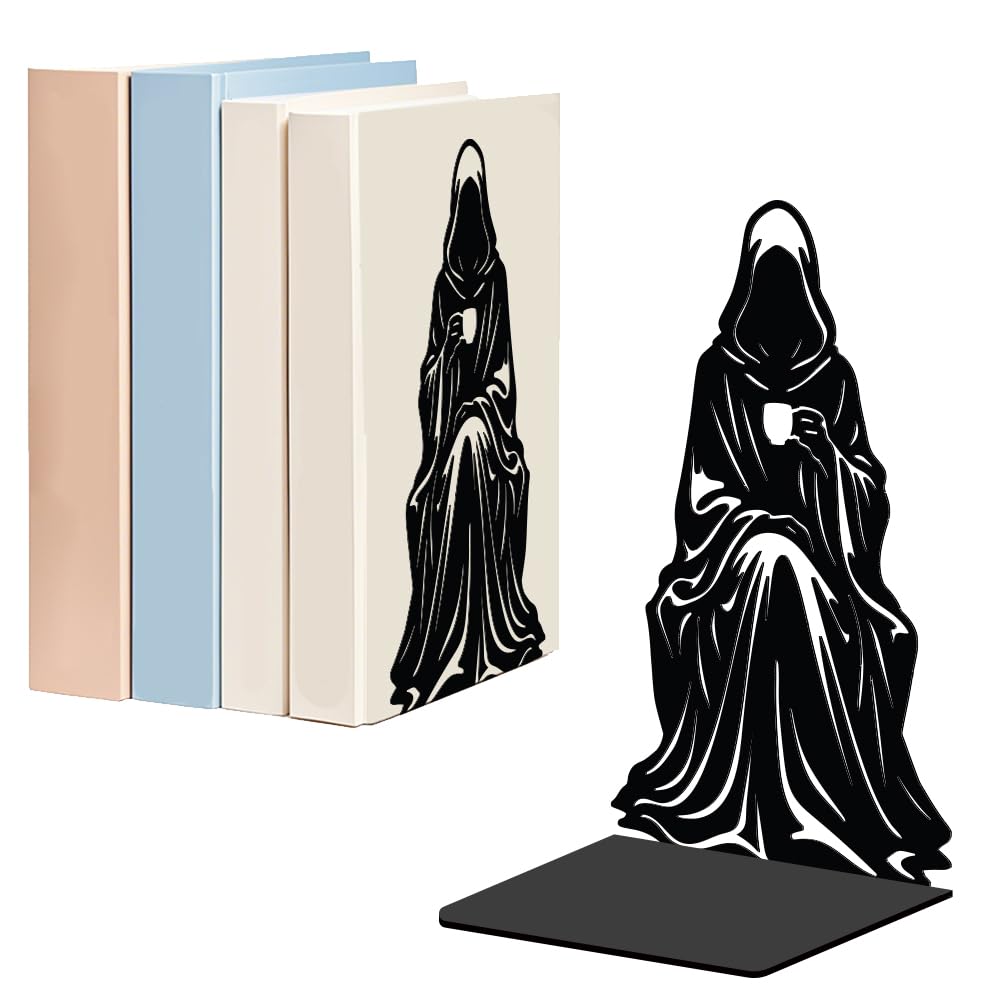 WADORN 1 Pair Death Ghost Metal Decorative Bookends, Gothic Style Heavy Duty Decorative Book Ends Black Non-Skid Book Holder Stopper for Library Home Office Back to School, 5.3x4.3x7.9 Inch