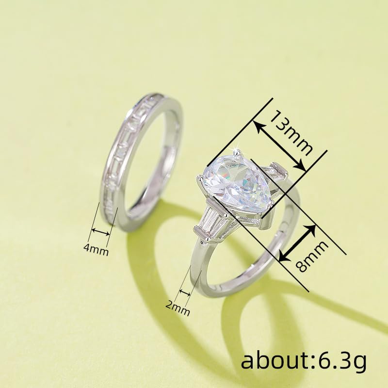 Sdouefos 2PCS Pear Shaped Wedding Ring Set for Women Platinum Plated Silver Moissanite Bridal Sets Wedding Rings Teardrop Engagement Ring Set Radiant Cut Engagement Rings Set Size 74