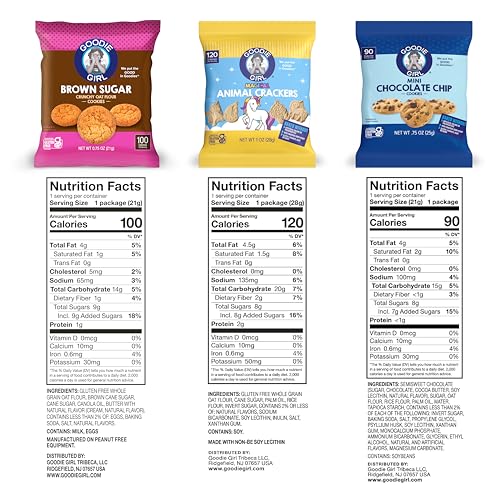 Image of Goodie Girl Snack Pack Variety, Gluten Free Cookies for Kids, 3 Flavors - Animal Crackers, Mini Chocolate Chip, Brown Sugar, Bulk Individually Wrapped Lunchbox Snacks, Peanut Free (24 Count)